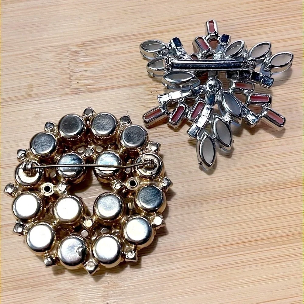 Set of 2 Antique Vintage Brooches Large Decorative Rhinestone Pins Blazer Jacket